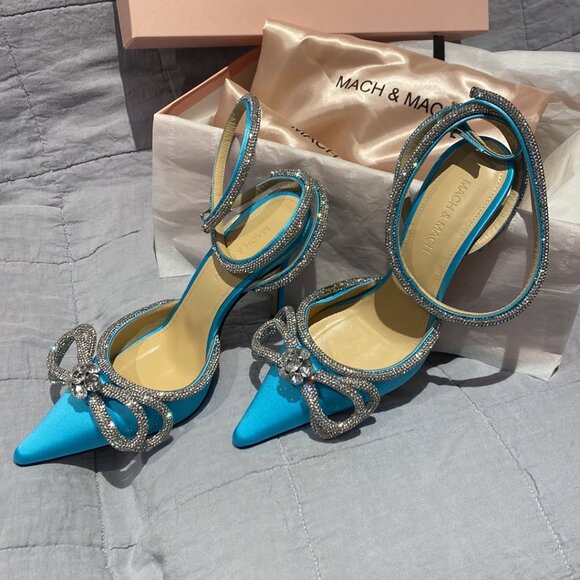 MACH & MACH Double Bow Satin Pumps - Ocean Blue - Picture 4 of 8